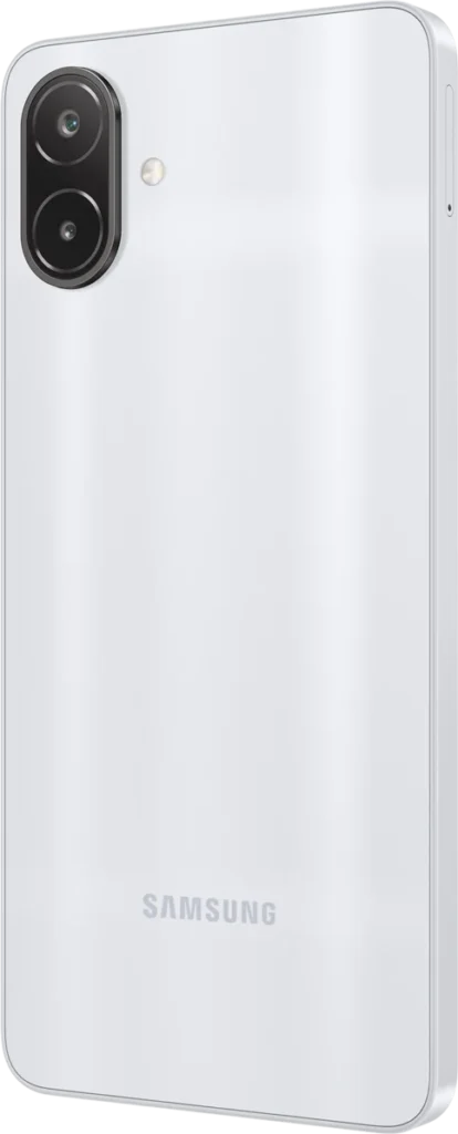 Samsung Galaxy M08 LTE, in Silver, back at an angle from the right