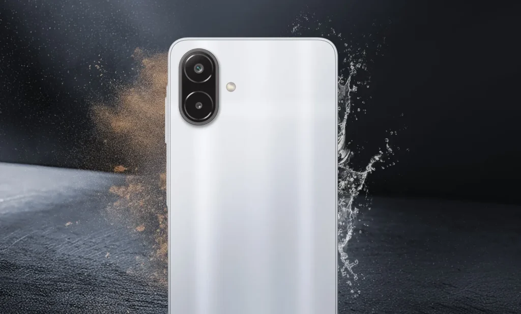 Samsung Galaxy M08 LTE, in Silver, from the back with a dust and water splash