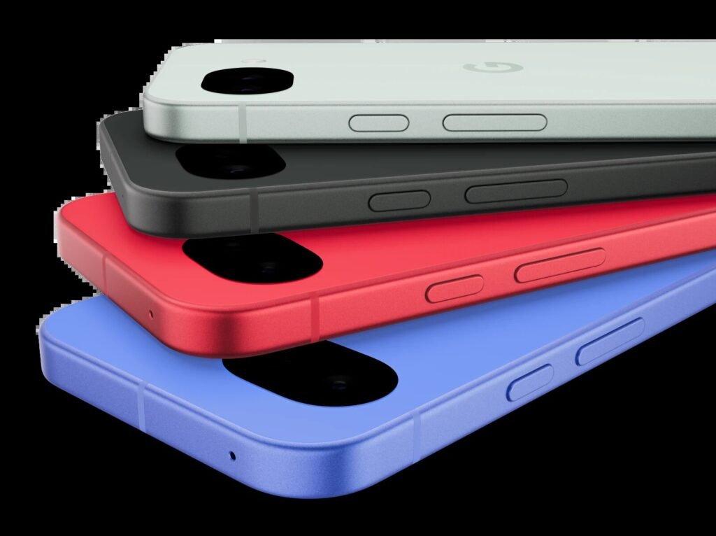 Four Google Pixel 10a phones stacked in blue, red, black and pale green