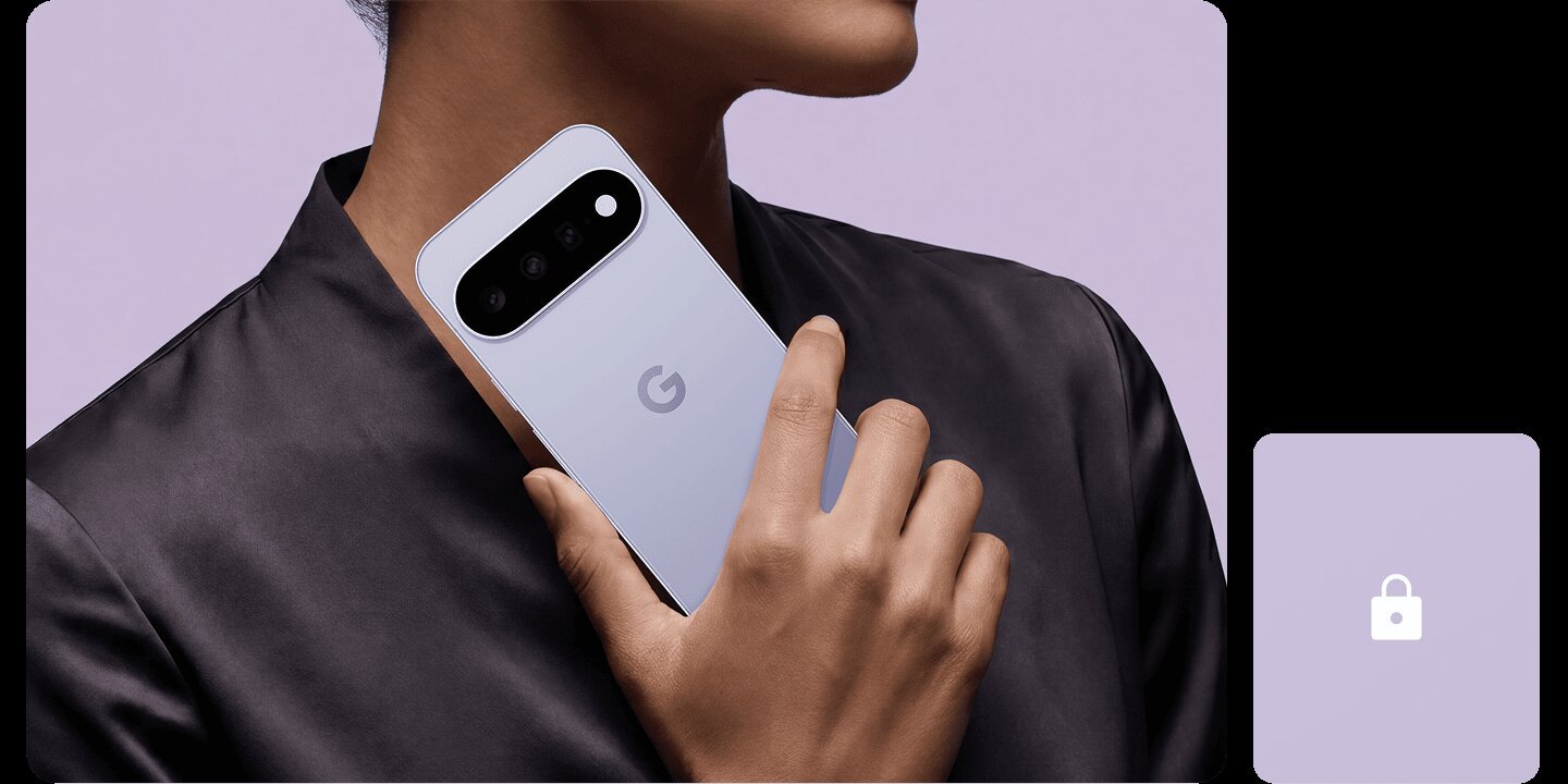 A person holding a Google Pixel 11 against their shoulder, back of the phone facing the camera