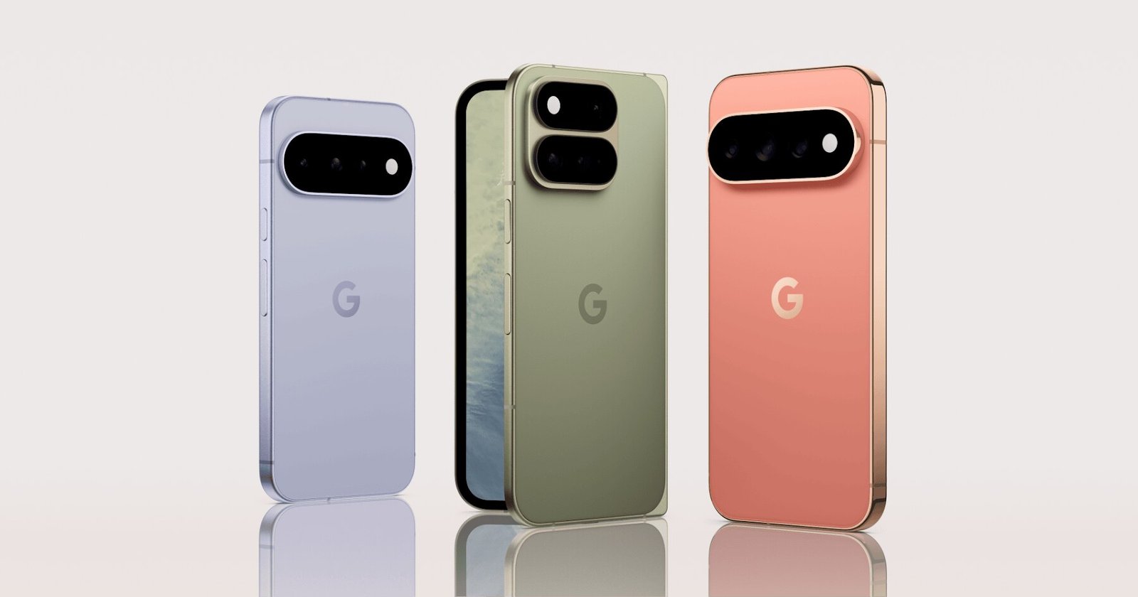 Three Google Pixel phones in different colours standing in a row, shown from the back