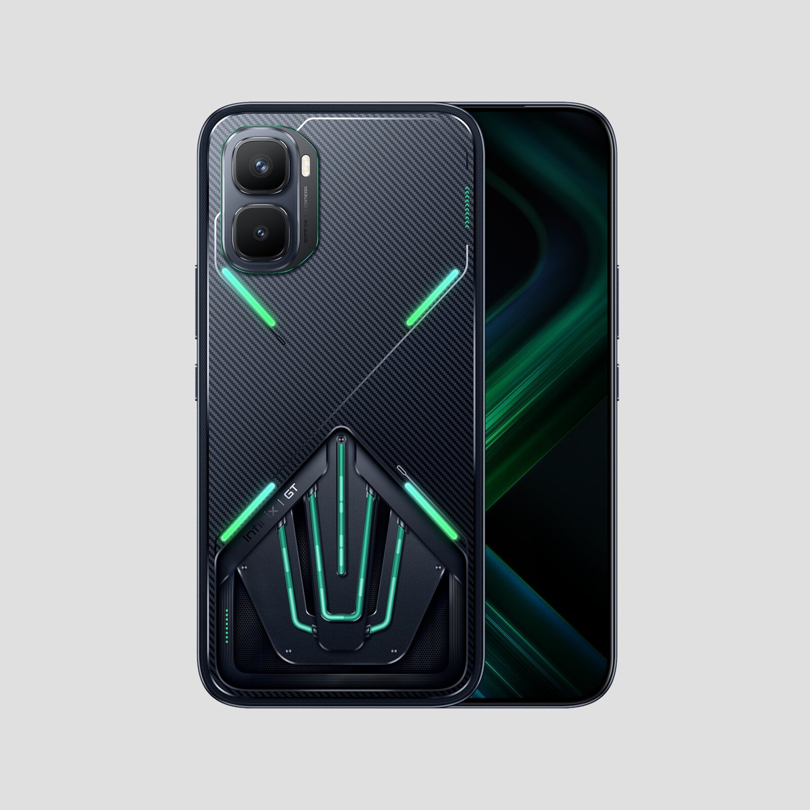 Infinix GT 50 Pro in Black Abyss, rear and front view