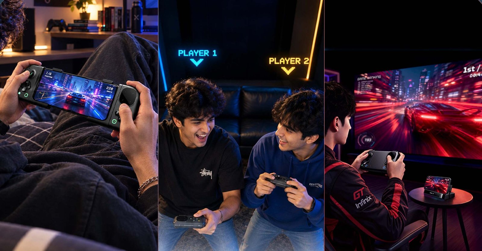 Three Infinix promotional scenes: a player holding a phone in a controller, two friends playing together, and a phone docked to a TV