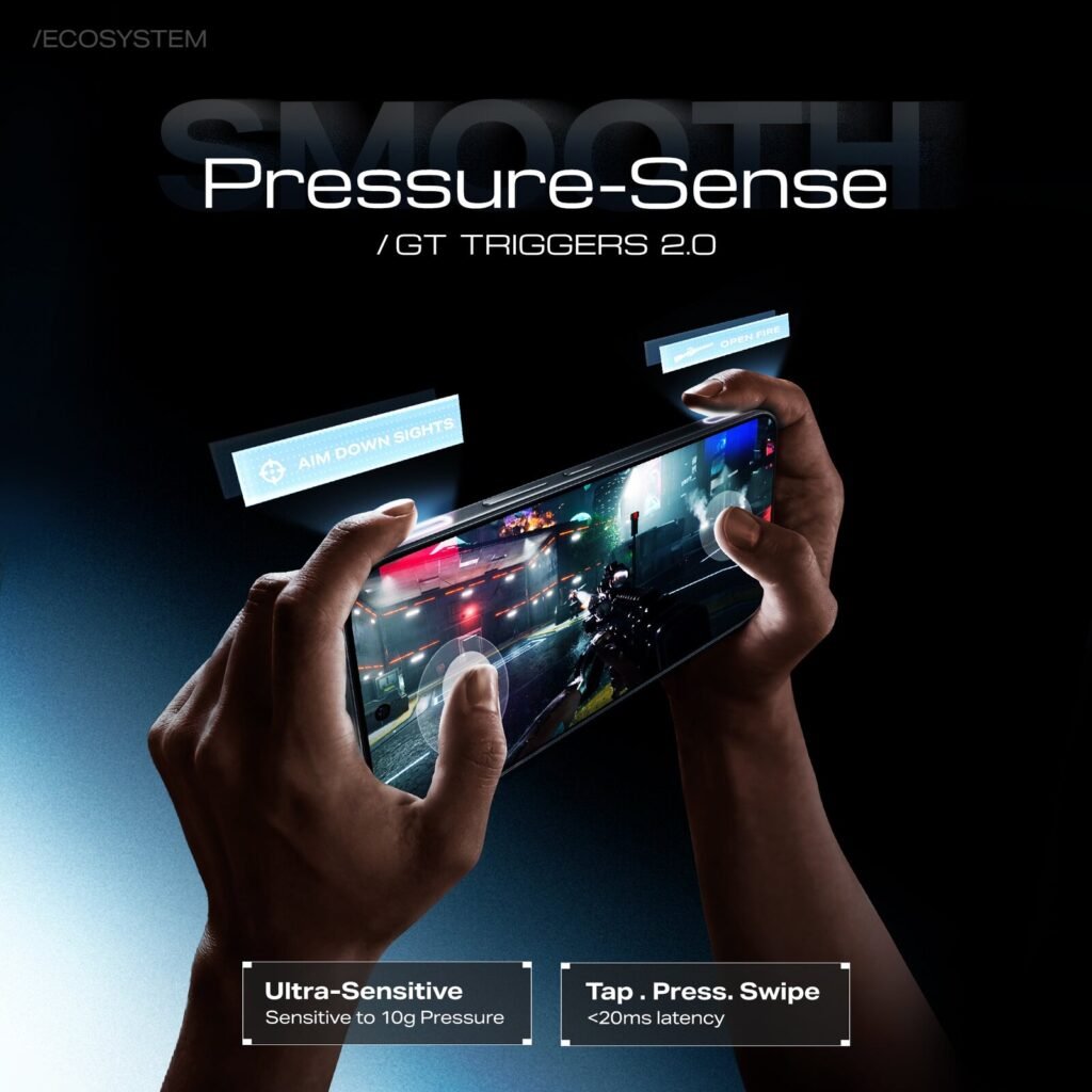 Infinix promo image of hands holding the GT 50 Pro in landscape, with a game on screen