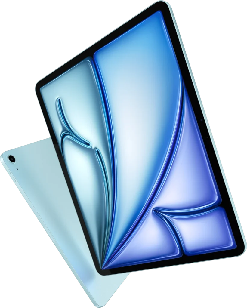 Apple iPad Air in blue, front and back views