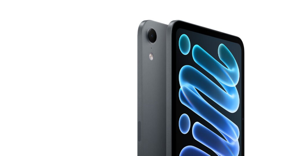 Back and OLED screen of the iPad mini (A20 Pro) in a dark finish
