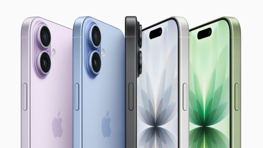 Apple iPhone 17 in purple, blue, black, white and green showing the Dynamic Island and dual rear cameras