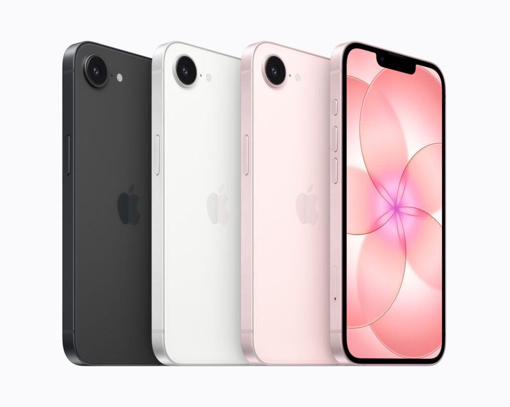Apple iPhone 17e in black, white and pink, three seen from the back and one from the front