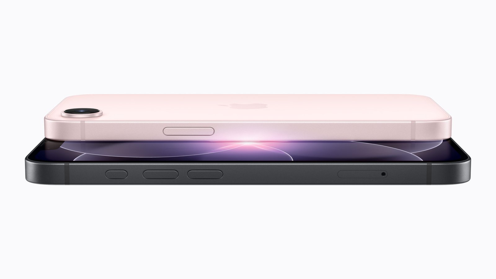 Apple iPhone 17e in pink stacked on a black iPhone 17e, seen from the side