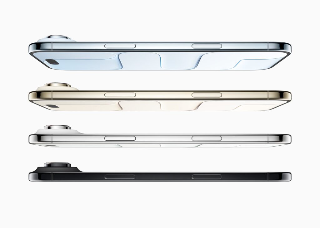 Four iPhone Air phones in Sky Blue, Light Gold, Cloud White and Space Black seen from the side