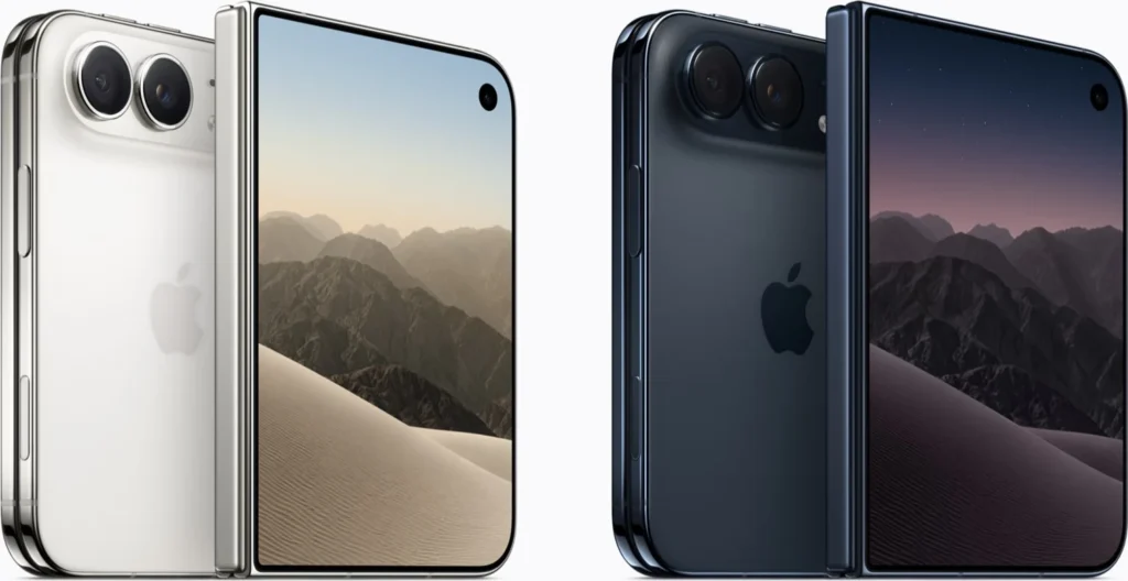 Apple iPhone Duo, in Night Sky and Star White, closed and unfolded