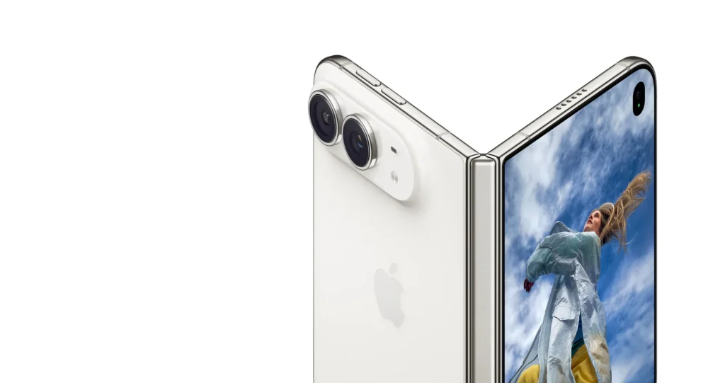 Apple iPhone Duo, in Star White, showing the titanium hinge and rear cameras