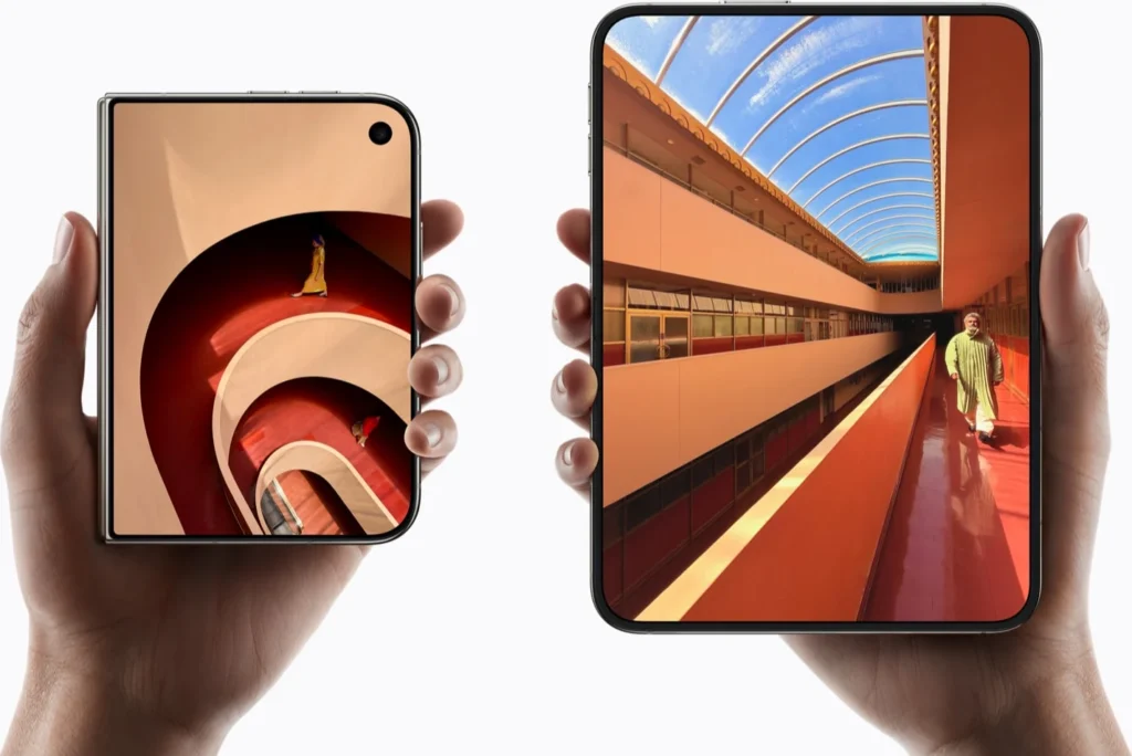Apple iPhone Duo, held in both hands while unfolding