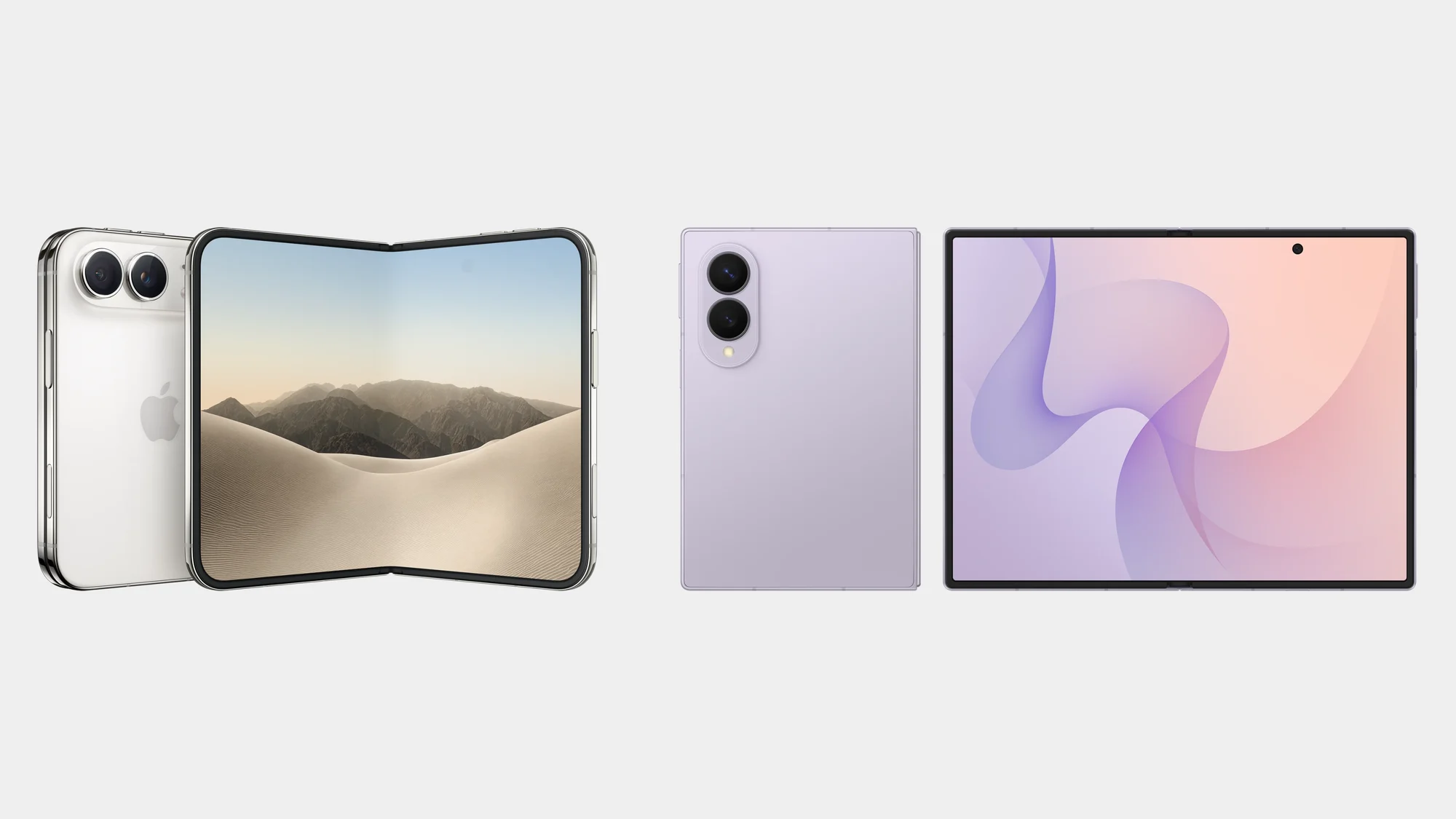 Apple iPhone Duo in Star White, closed and open, beside the Samsung Galaxy Z Fold8 in Lavender, closed and open