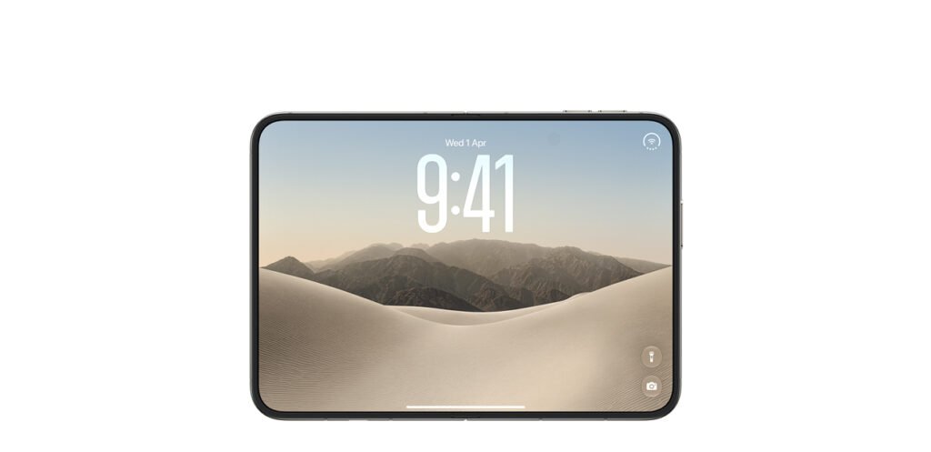 Apple iPhone Duo unfolded on its side, showing the 7.6-inch inner display