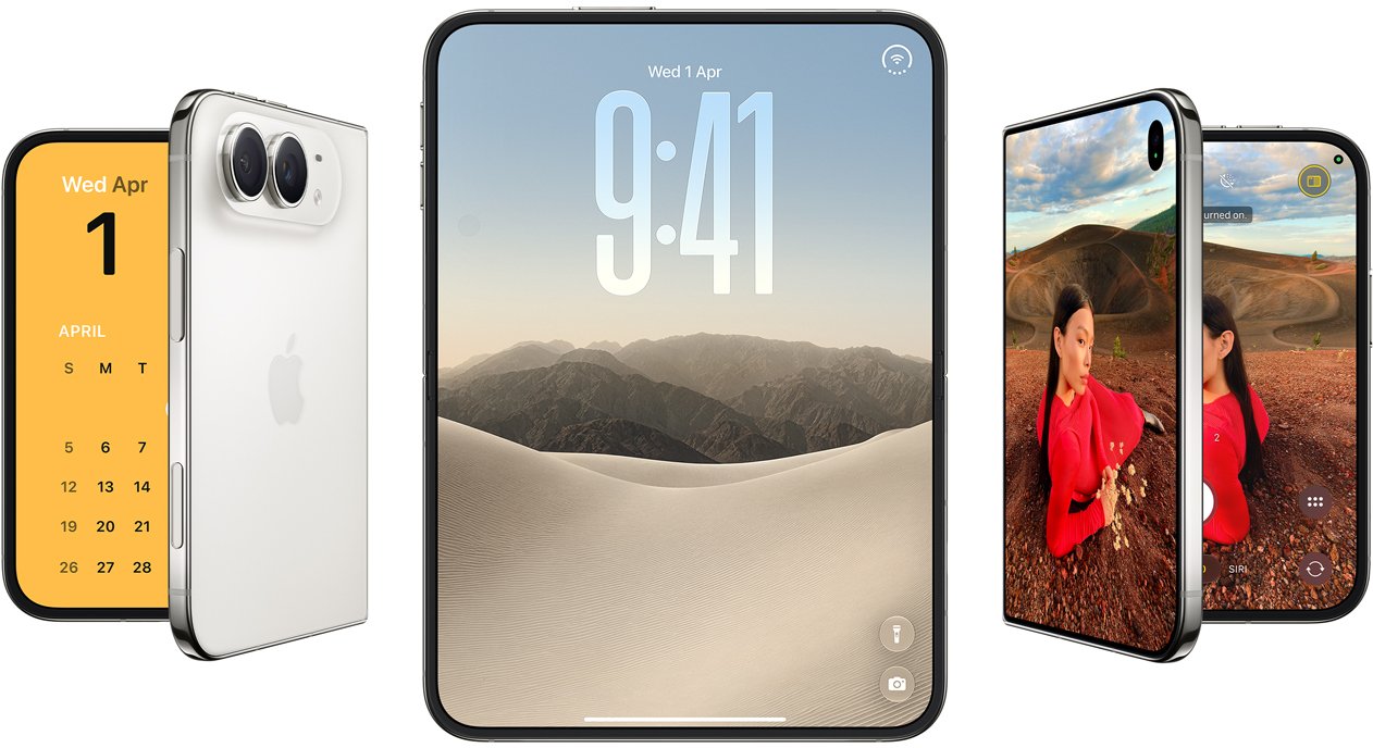 Apple iPhone Duo shown from the back, unfolded with the lock screen, and in use with the camera app