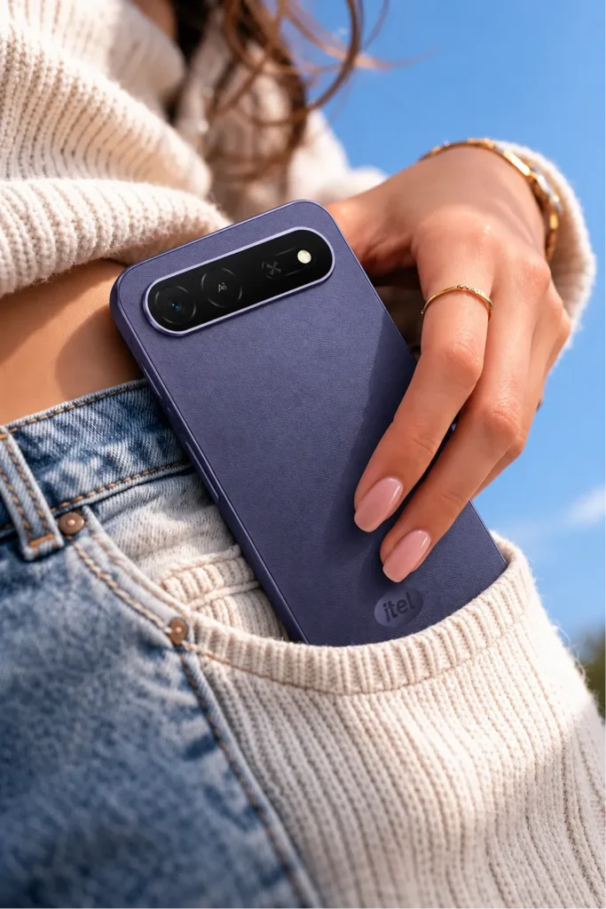 itel City 300 5G, sliding into a jeans pocket