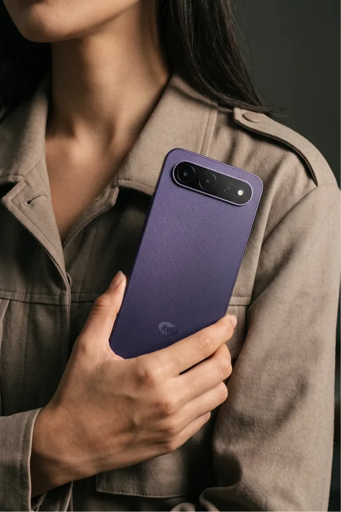 itel City 300 5G, held against a beige jacket, from the back