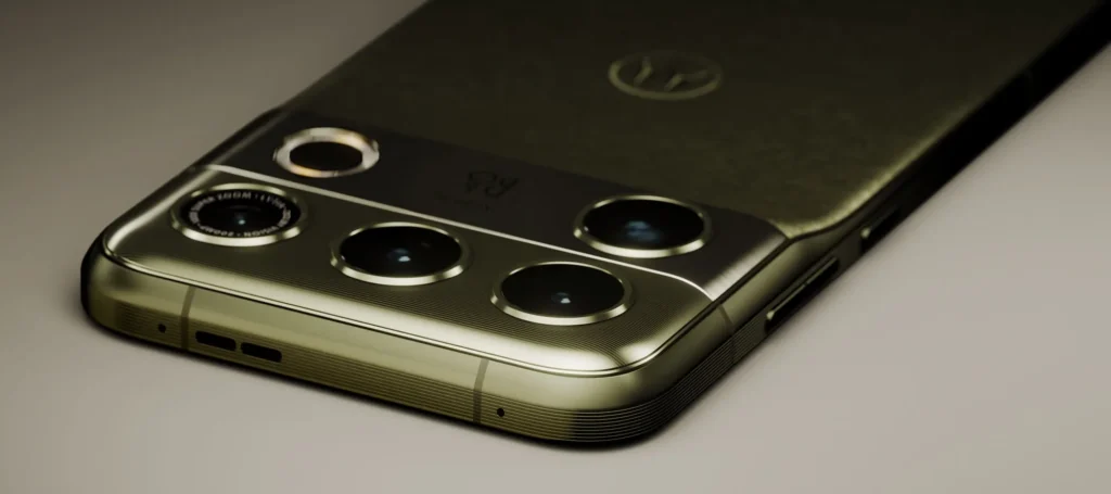 Motorola Signature 27, camera module and side frame in green, close up