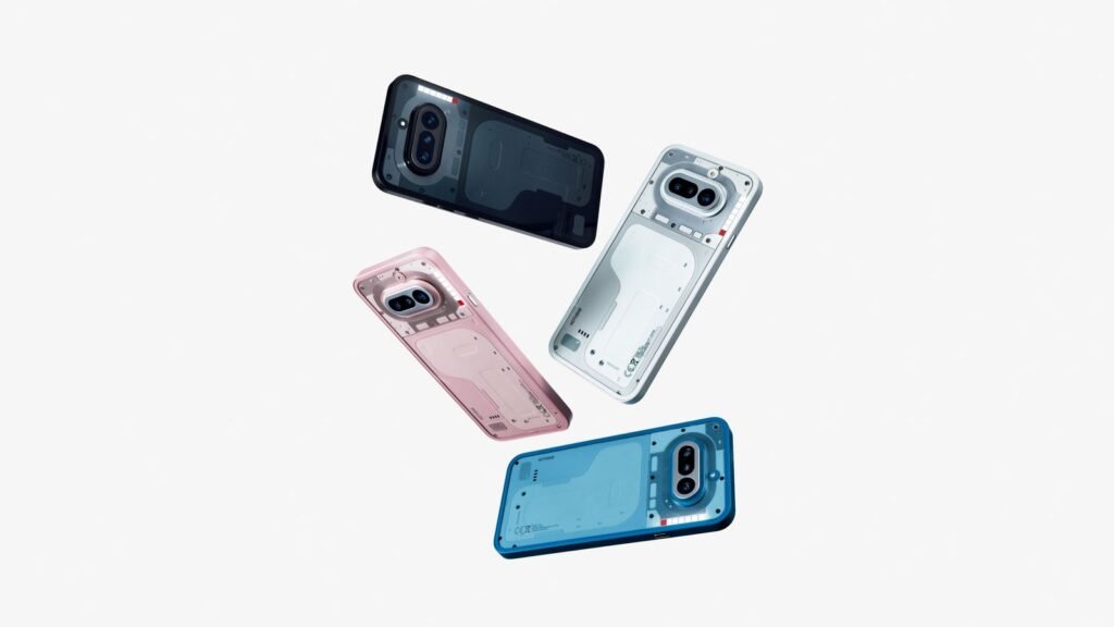 Four Nothing Phone (4a) handsets in different colours floating against a light background