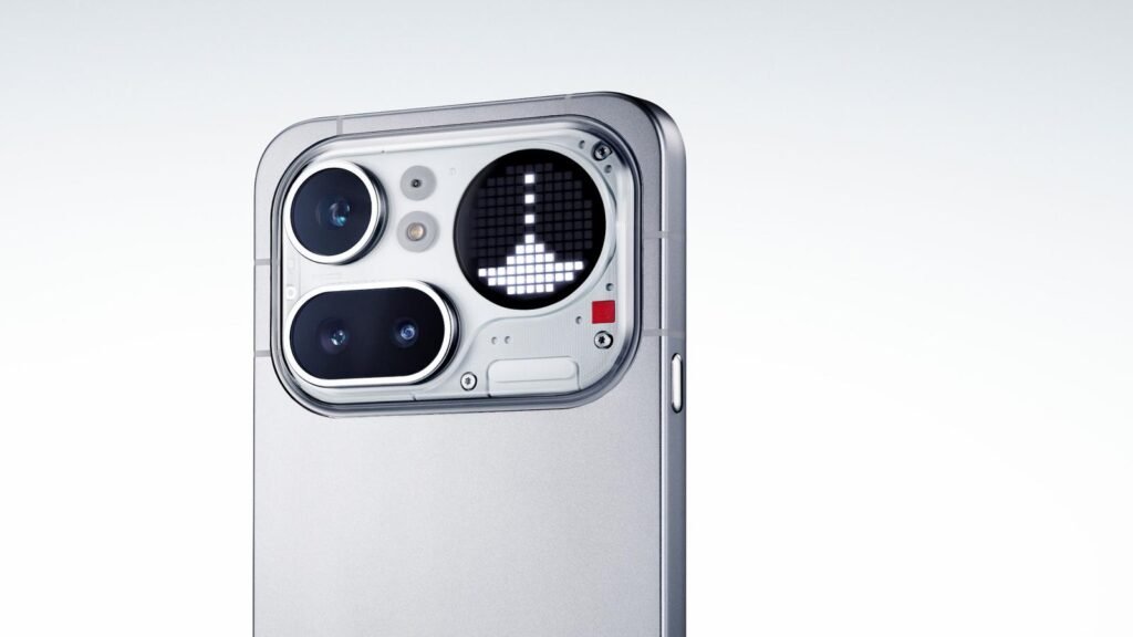 Close-up of the Nothing Phone (4a) Pro camera island and glyph panel on a silver back