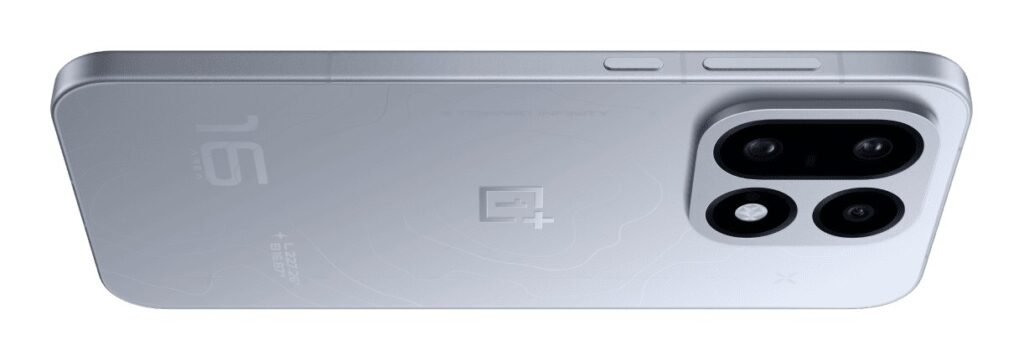 The silver OnePlus 16 lying on its side, showing the three rear cameras
