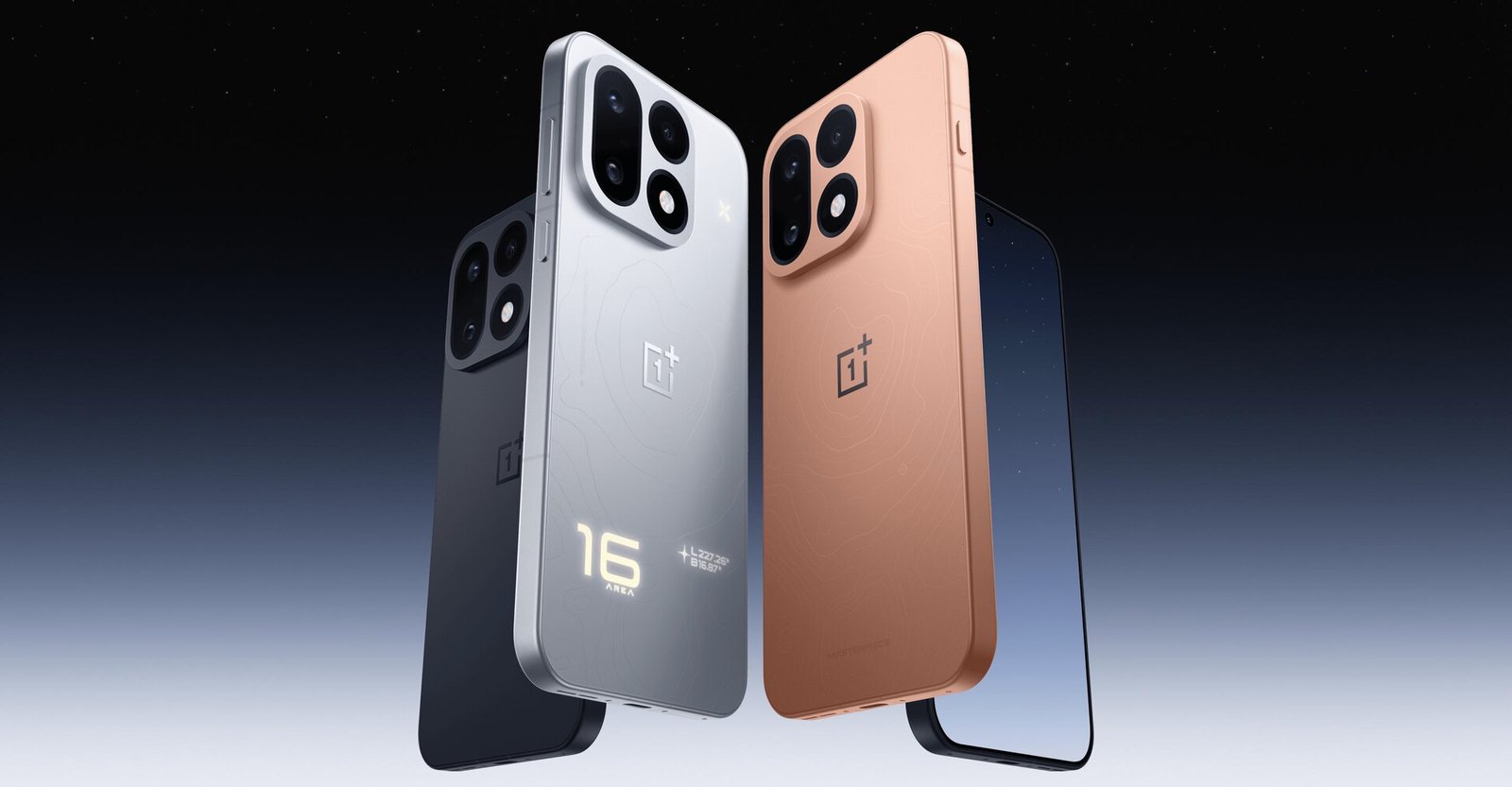The OnePlus 16 in black, silver and orange, seen from the back
