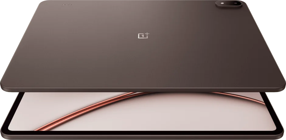 OnePlus Pad 4 in dark bronze, back panel lifted over its screen