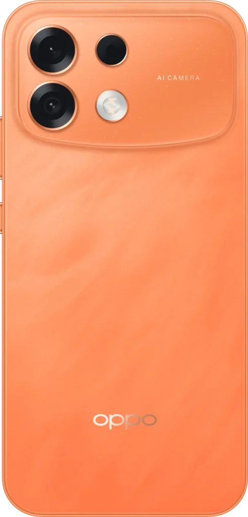 OPPO F35 Pro 5G, in Sunrise Orange, from the back
