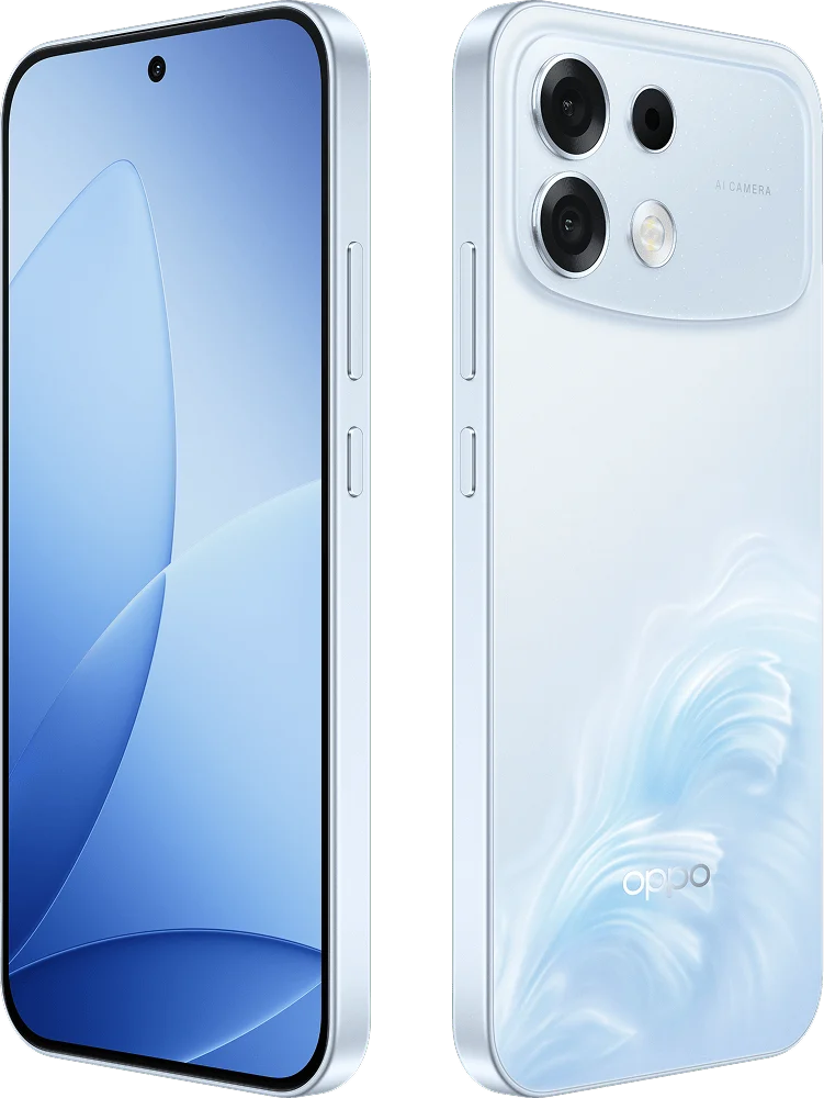 OPPO F35 Pro 5G, in Wave Blue, front and back at an angle