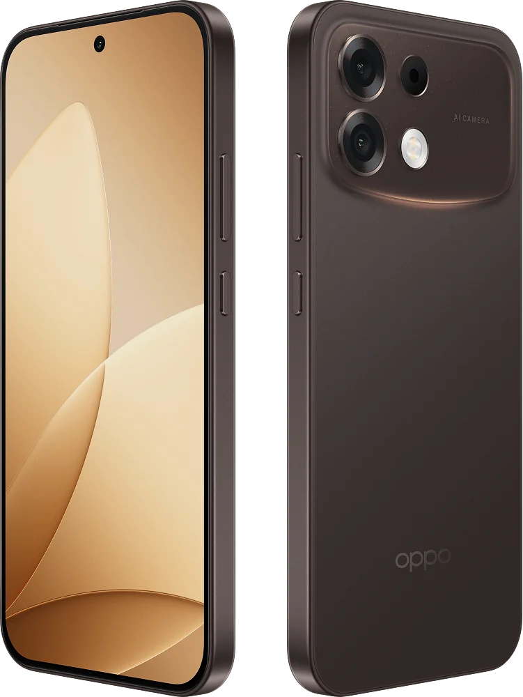 OPPO F35 Pro 5G, in Twilight Brown, front and back at an angle