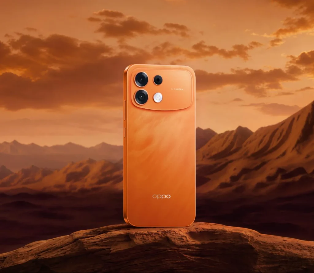 OPPO F35 Pro 5G, in Sunrise Orange, on a rock at sunset
