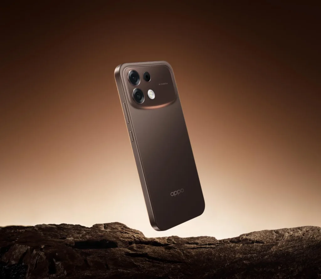 OPPO F35 Pro 5G, in Twilight Brown, above dark rocks