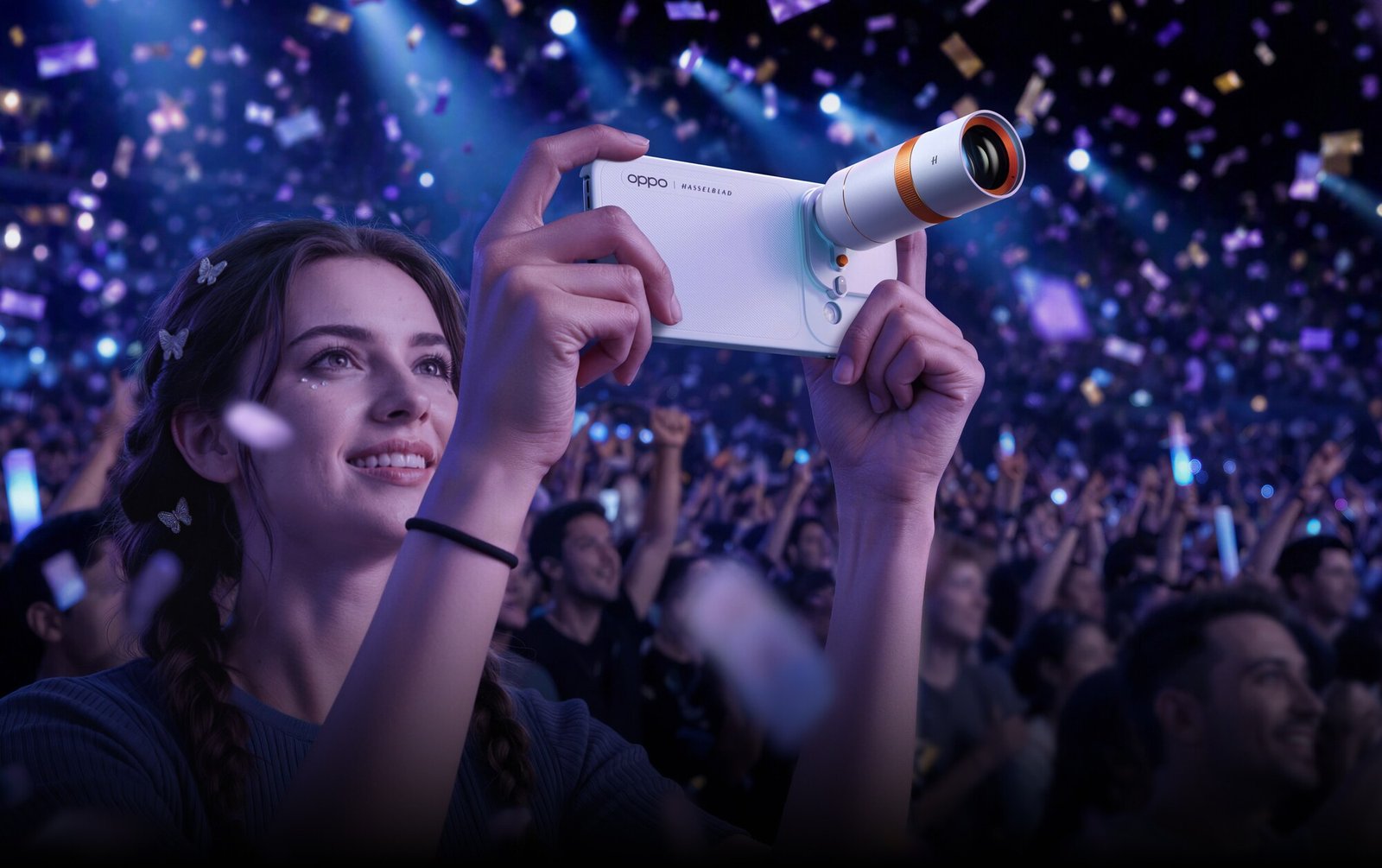 A fan at a concert films the stage on an OPPO phone fitted with the Hasselblad teleconverter lens