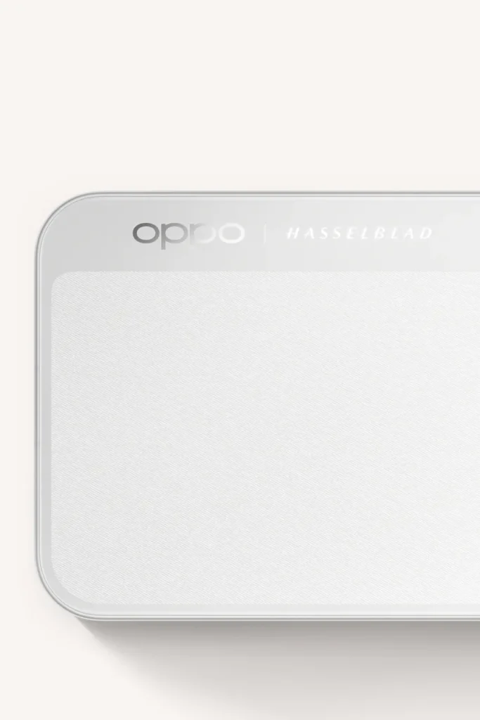 OPPO Find X10 Pro Max, top of the back in Luna White, with the OPPO and Hasselblad marks