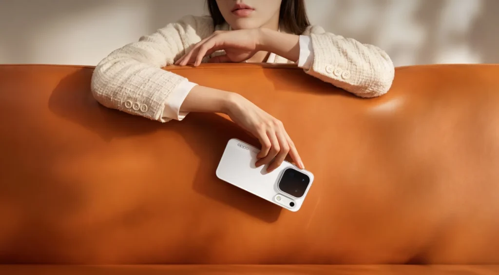 OPPO Find X10 Pro Max, in Luna White, held over the back of an orange sofa