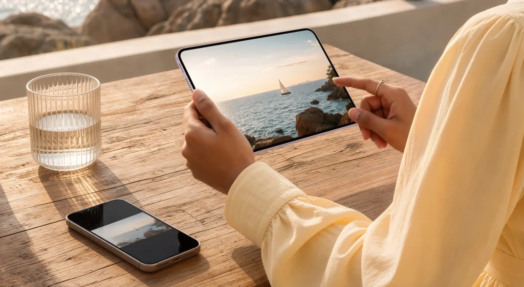 OPPO Pad Mini, held over a wooden table next to a phone and a glass
