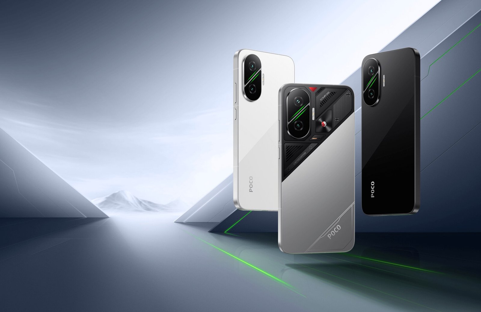 Three POCO F7 phones seen from the back, in white, a silver limited edition and black, against a blue geometric backdrop with green light lines