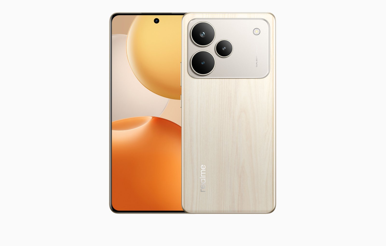 realme P4 Pro 5G in Birch Wood, screen and wood-finish back shown side by side