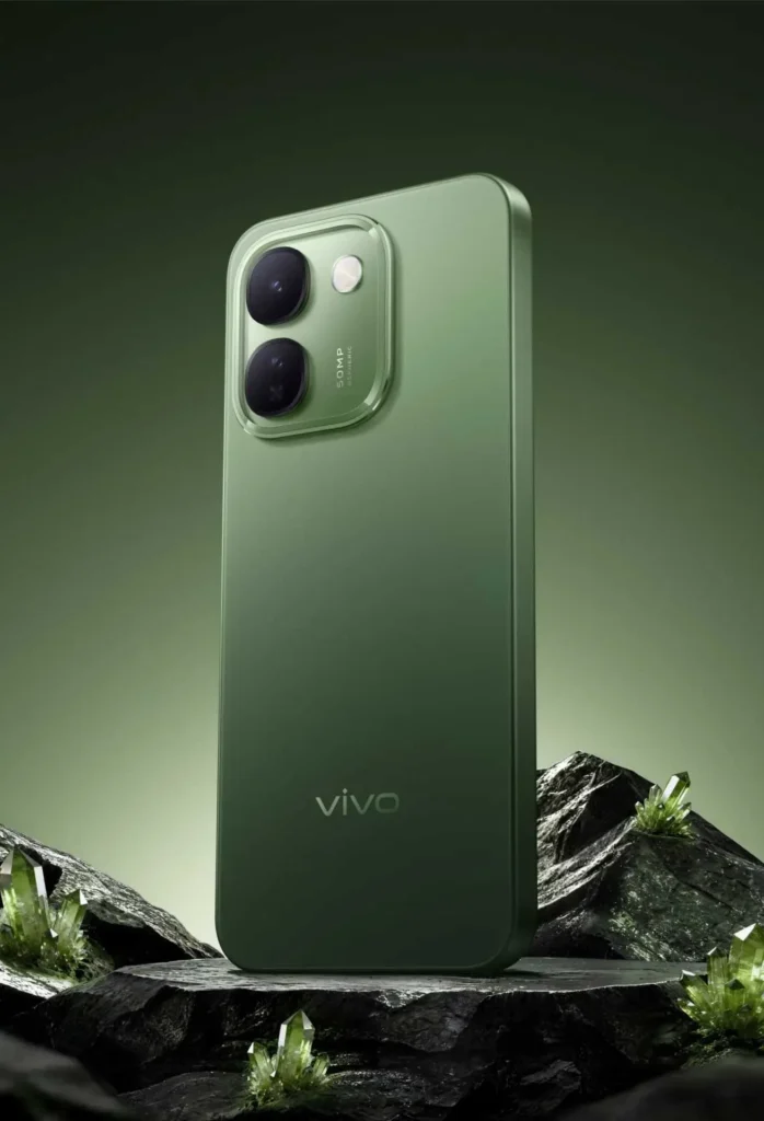 Vivo S2 FE, in Stellar Green, standing on a rock
