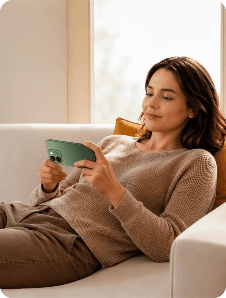 Vivo S2 FE, in Stellar Green, held by a woman relaxing on a sofa
