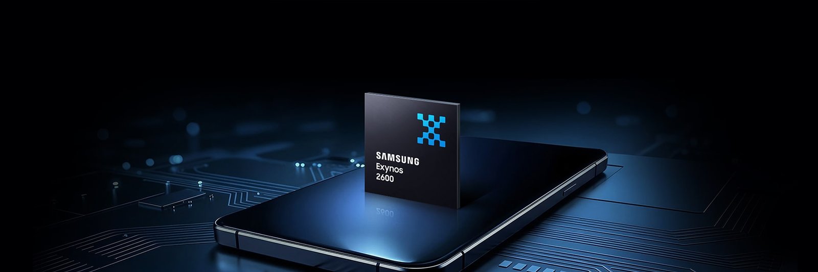 Samsung Exynos 2600 chip standing on top of a smartphone over a dark circuit board