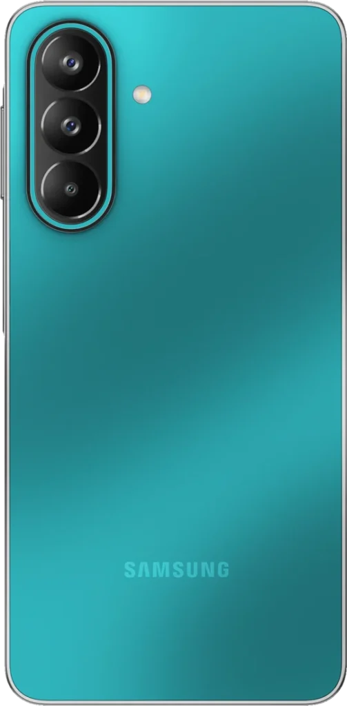 Rear view of the Samsung Galaxy M47 5G in teal with a vertical three-camera strip