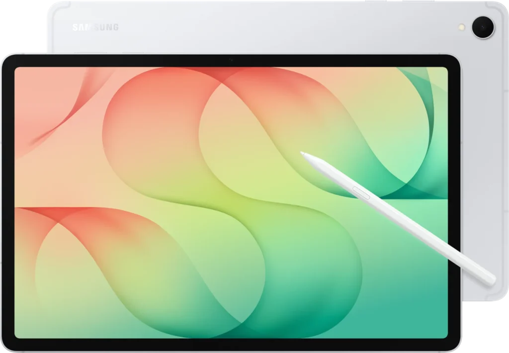 Samsung Galaxy Tab S12+, in Silver, front and back with the S Pen