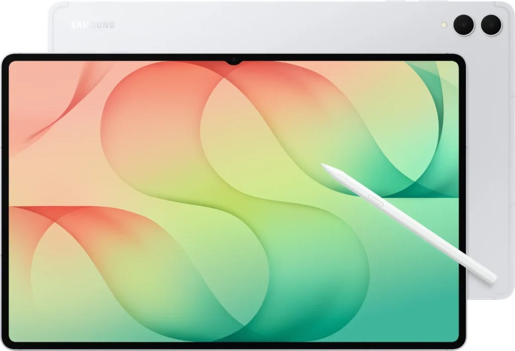 Samsung Galaxy Tab S12 Ultra, in Silver, front and back with the S Pen