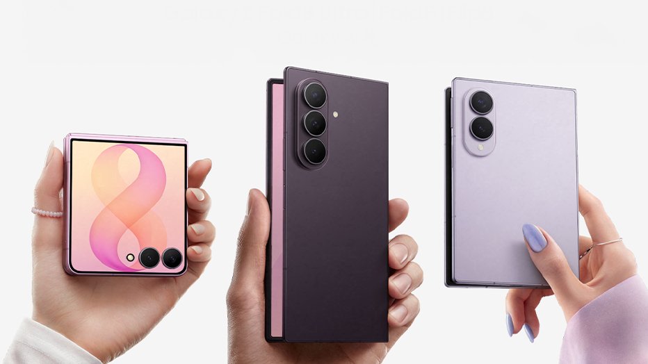 Hands holding the Samsung Galaxy Z Flip8, Galaxy Z Fold8 Ultra and Galaxy Z Fold8, the first phones to ship with One UI 9