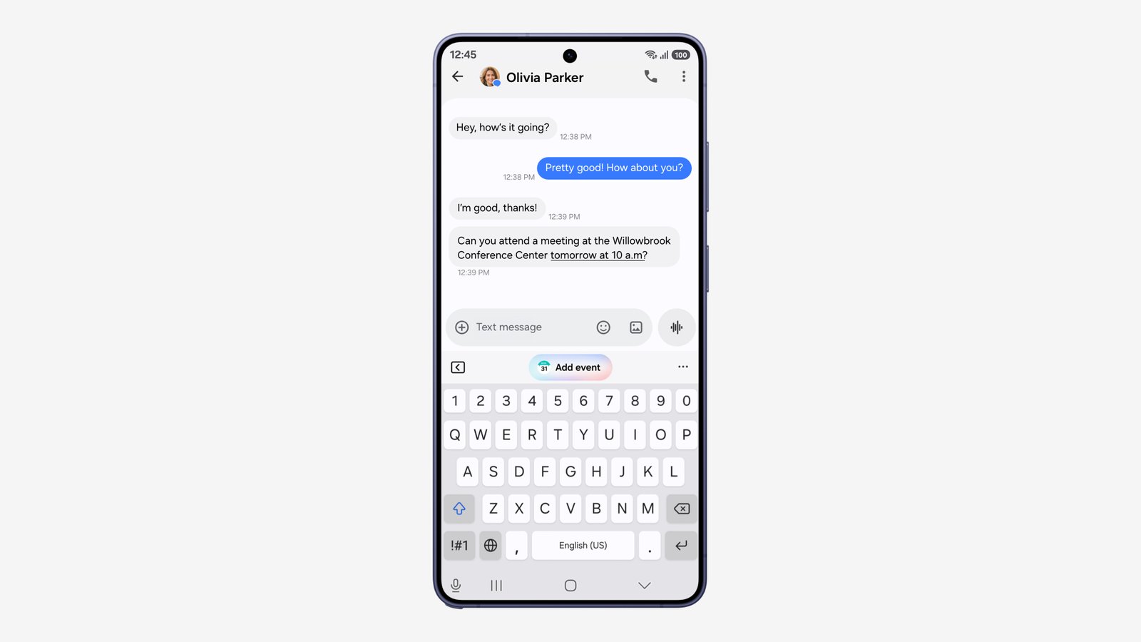 A Samsung Galaxy phone running One UI 9 shows a suggested Add event button above the keyboard during a text chat