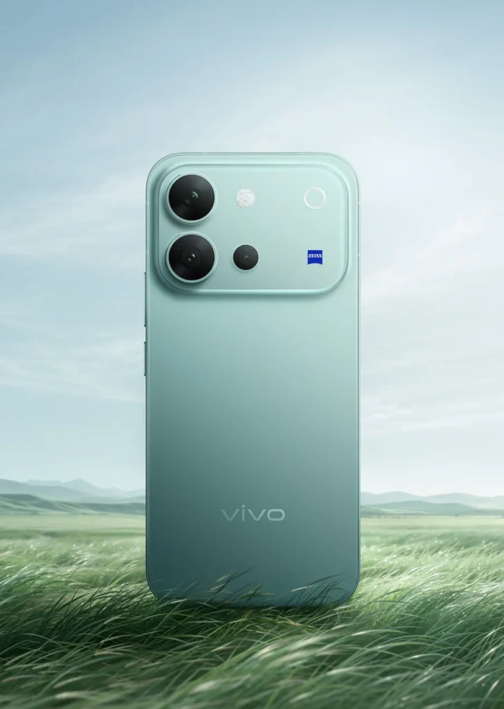 Vivo V80, in Horizon Blue, standing on grass