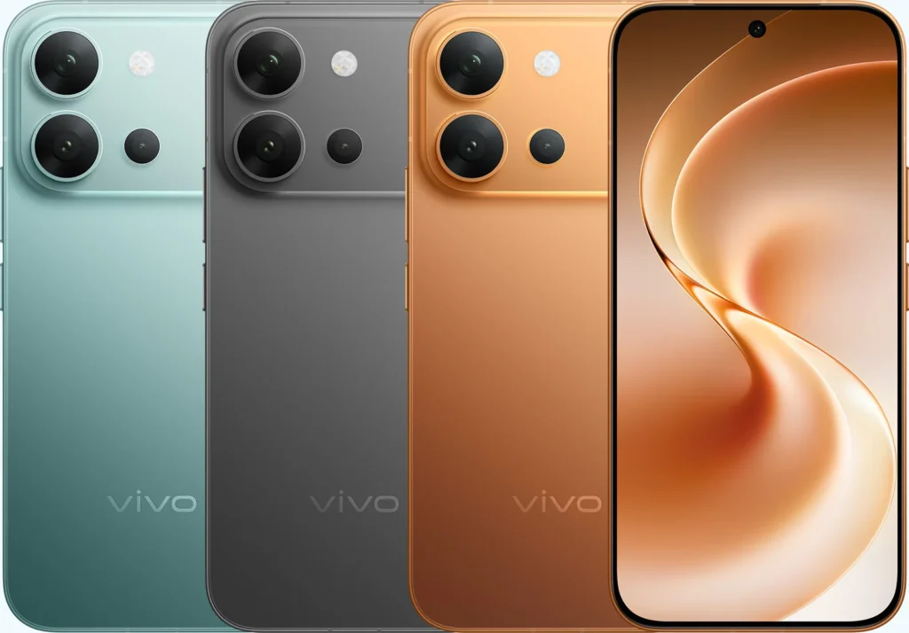 Vivo V80, in Horizon Blue, Stellar Black and Sunrise Anthem, backs and front