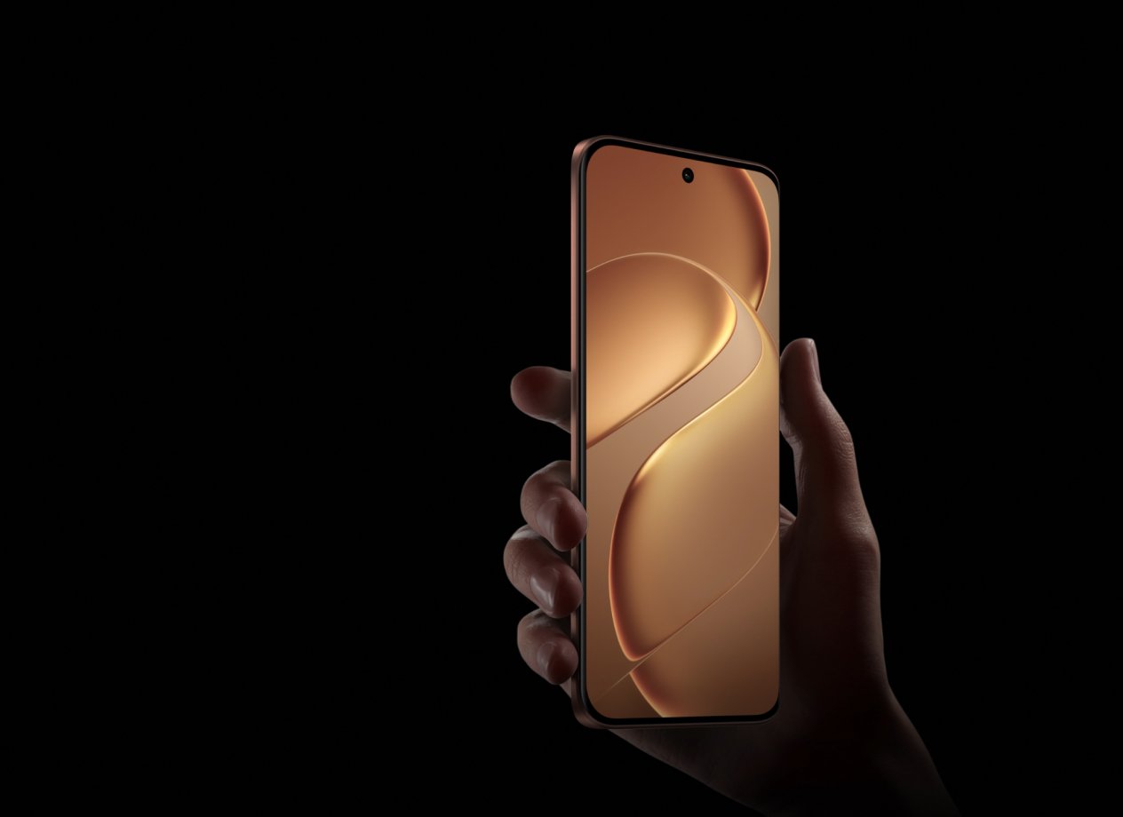 A vivo T5 5G in Royal Bronze held in one hand against a black background, screen facing the camera